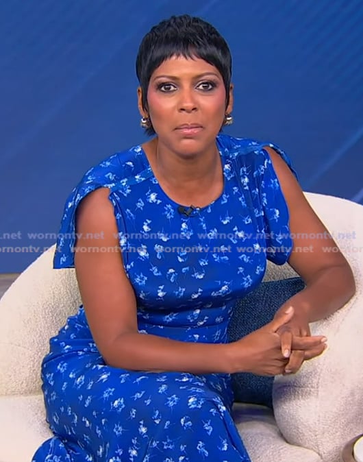 Tamron’s blue floral print gathered dress on Tamron Hall Show Tamron’s blue floral print gathered dress on Tamron Hall Show