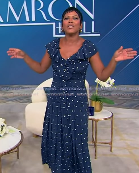 Tamron’s blue polka dot print dress on Tamron Hall Show Tamron’s blue polka dot print dress on Tamron Hall Show