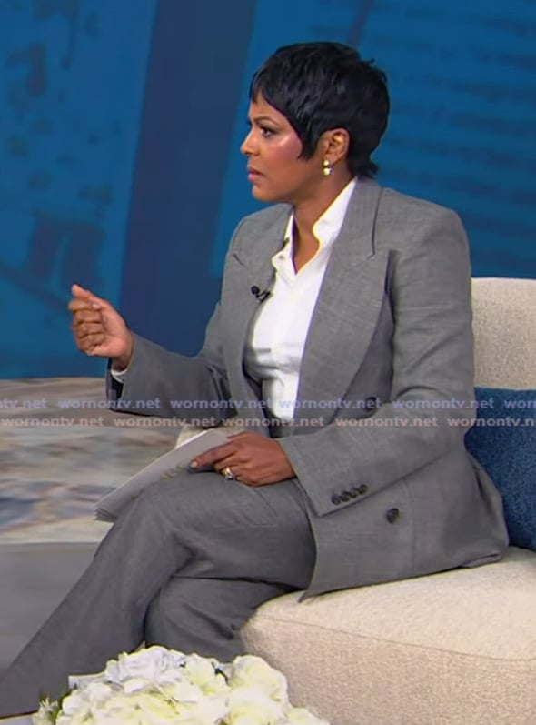 Tamron’s gray double breasted blazer and pants on Tamron Hall Show Tamron’s gray double breasted blazer and pants on Tamron Hall Show