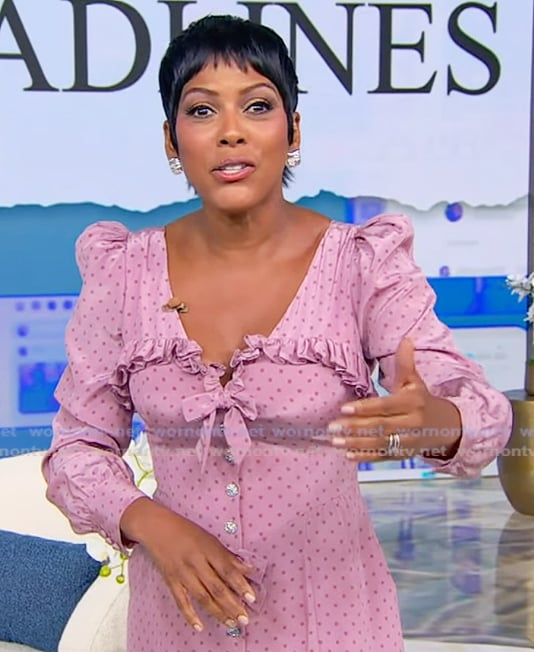 Tamron’s pink ruffled polka dot dress on Tamron Hall Show Tamron’s pink ruffled polka dot dress on Tamron Hall Show