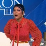 Tamron's red sheer polka dot blouse on Tamron Hall Show Tamron's red sheer polka dot blouse on Tamron Hall Show