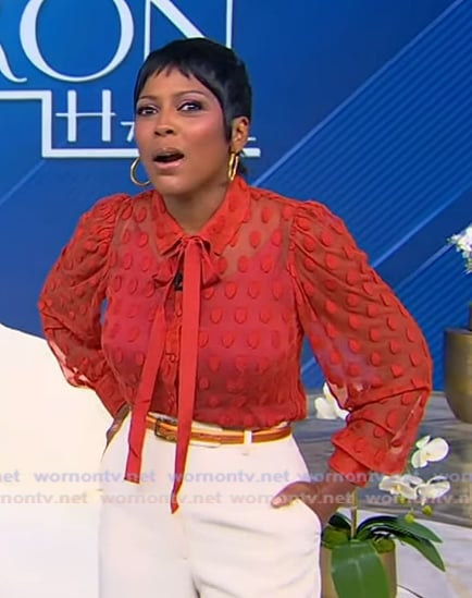 Tamron’s red sheer polka dot blouse on Tamron Hall Show Tamron’s red sheer polka dot blouse on Tamron Hall Show