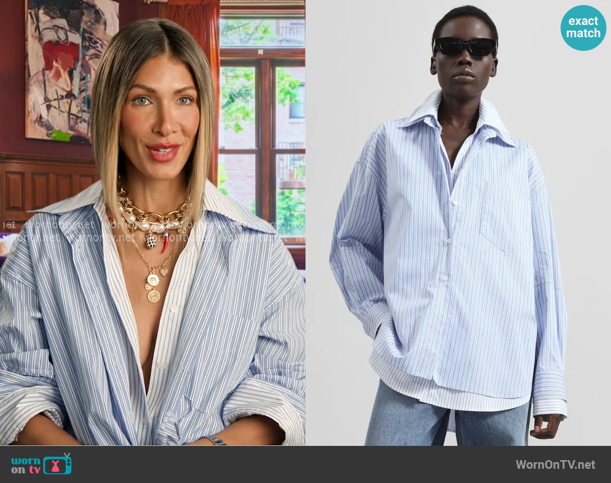 The Frankie Shop Lienz Double Shirt in Blue White Stripe worn by Erin Lichy on The Real Housewives of New York City