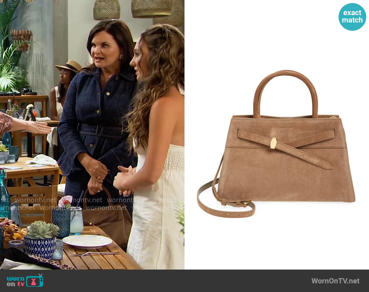 Veronica Beard Suede Dash Bag in Bark worn by Katie Logan (Heather Tom) on The Bold and the Beautiful Veronica Beard Suede Dash Bag in Bark worn by Katie Logan (Heather Tom) on The Bold and the Beautiful