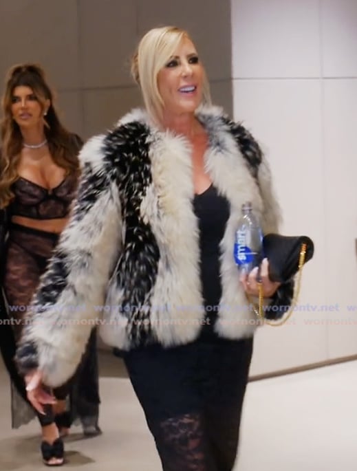 Vicki’s colorblock fur coat on The Real Housewives Ultimate Girls Trip Vicki’s colorblock fur coat on The Real Housewives Ultimate Girls Trip