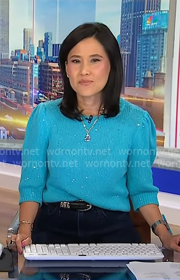 Vicky’s blue sequined puff sleeve sweater on NBC News Daily