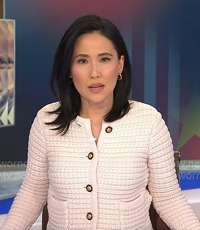 Vicky's white textured cardigan on NBC News Daily