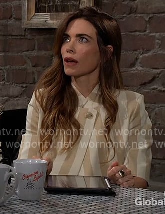 Victoria’s beige striped top on The Young and the Restless Victoria’s beige striped top on The Young and the Restless