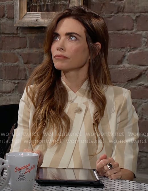 Victoria's beige striped top on The Young and the Restless