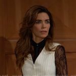 Victoria’s black lace shirt and white pinstripe vest and pants on The Young and the Restless Victoria’s black lace shirt and white pinstripe vest and pants on The Young and the Restless