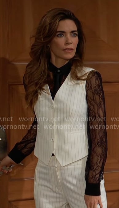 Victoria's black lace shirt and white pinstripe vest and pants on The Young and the Restless Victoria's black lace shirt and white pinstripe vest and pants on The Young and the Restless