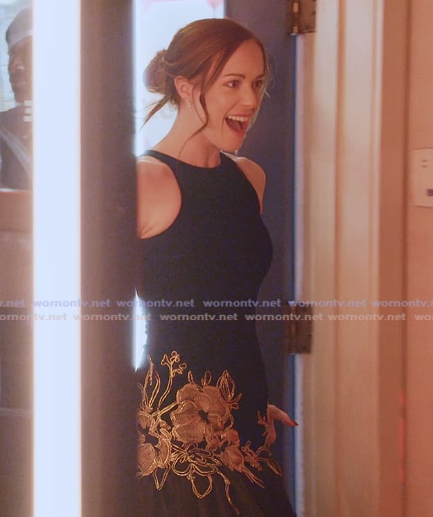 Whitney's black floral brocade dress on The Secret Lives of Mormon Wives