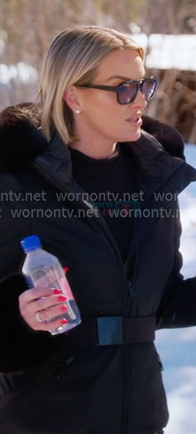 Whitney’s black fur trim ski jacket and fringed pants on The Real Housewives of Salt Lake City Whitney’s black fur trim ski jacket and fringed pants on The Real Housewives of Salt Lake City