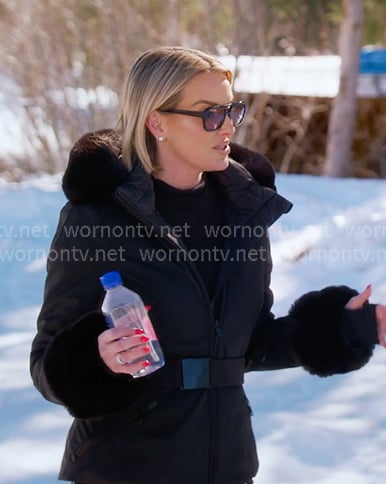 Whitney's black fur trim ski jacket and fringed pants on The Real Housewives of Salt Lake City
