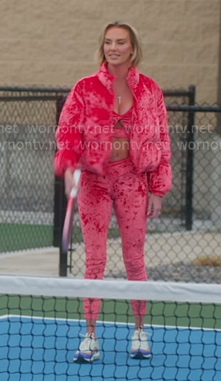Whitney’s pink velour top, leggings and puffer jacket on The Real Housewives of Salt Lake City
