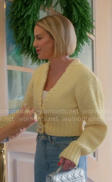 Whitney’s yellow cropped knit cardigan on The Real Housewives of Salt Lake City Whitney’s yellow cropped knit cardigan on The Real Housewives of Salt Lake City
