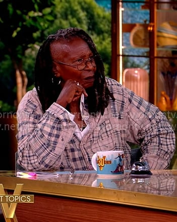 Whoopi’s grey plaid shirt and printed pants on The View Whoopi’s grey plaid shirt and printed pants on The View