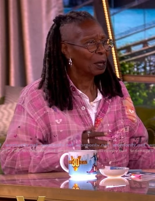 Whoopi’s pink distressed plaid top on The View
