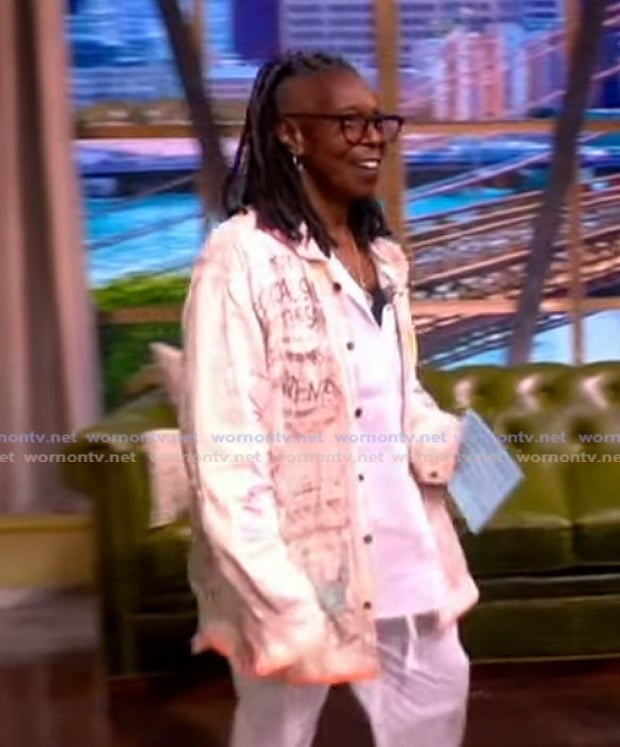 Whoopi’s white printed shirt on The View Whoopi’s white printed shirt on The View