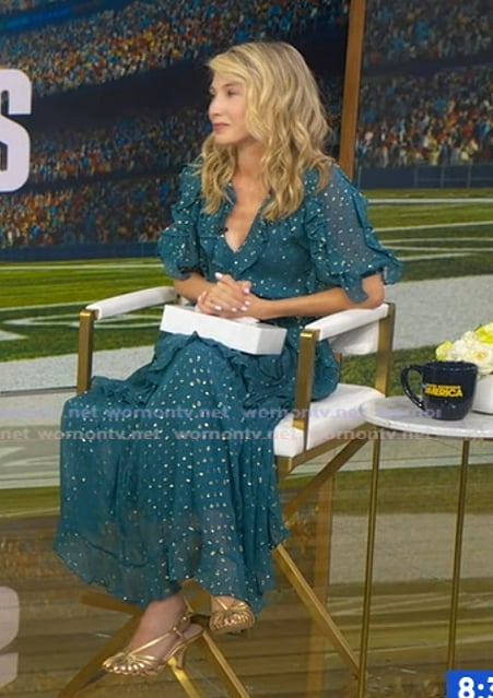 Wynn Everett’s teal metallic foil ruffle dress on Good Morning America