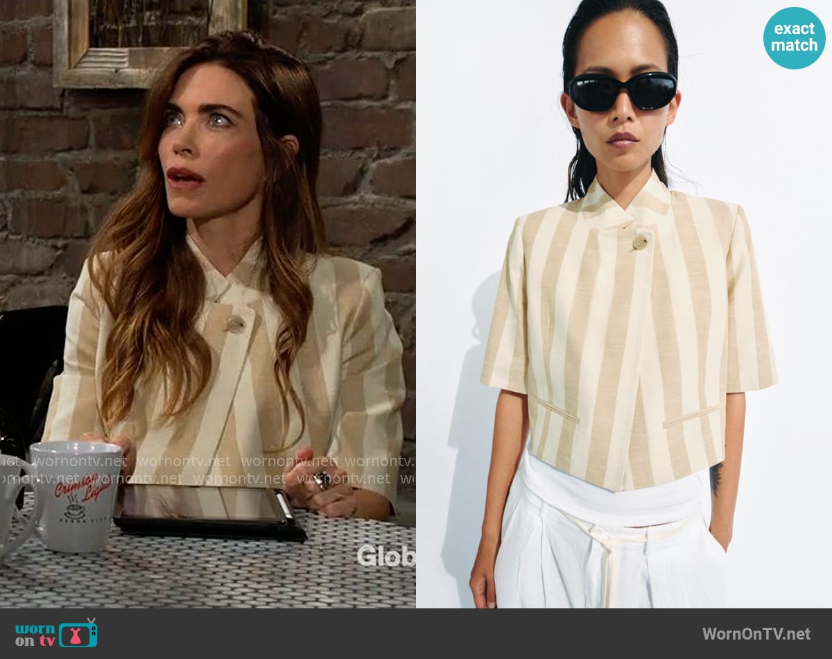Zara Short Sleeve Cropped Blazer in Ecru / Beige worn by Victoria Newman (Amelia Heinle) on The Young and the Restless Zara Short Sleeve Cropped Blazer in Ecru / Beige worn by Victoria Newman (Amelia Heinle) on The Young and the Restless