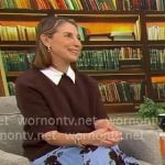 Zibby Owens’s brown sweater and blue floral skirt on CBS Mornings