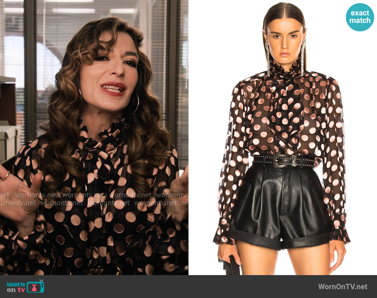 Zimmermann Unbridled Tie Neck Blouse in Black & Rose Dot worn by Esmeralda Grand (Sabrina Impacciatore) on The Paper Zimmermann Unbridled Tie Neck Blouse in Black & Rose Dot worn by Esmeralda Grand (Sabrina Impacciatore) on The Paper