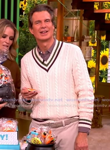 Adam Glassman’s white cable knit varsity stripe sweater on The View Adam Glassman’s white cable knit varsity stripe sweater on The View