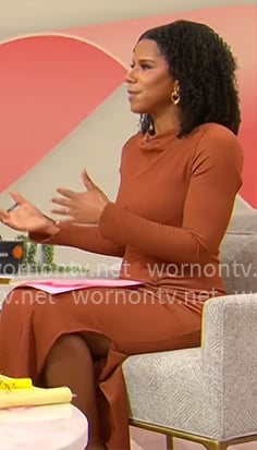 Adriana Diaz's rust brown long sleeve maxi dress on CBS Mornings