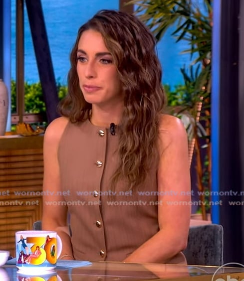 Alyssa’s beige button down vest and pants on The View Alyssa’s beige button down vest and pants on The View