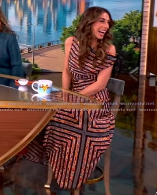 Alyssa’s geometric print one shoulder dress on The View