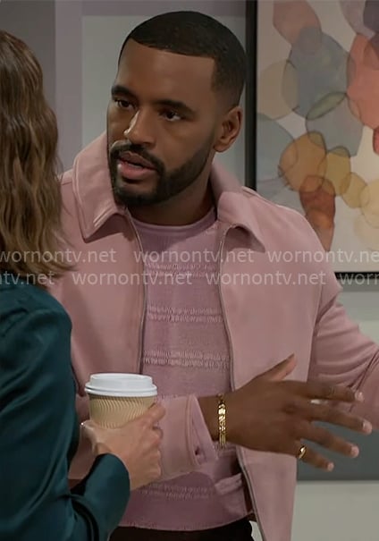 Andre’s pink sweater and suede jacket on Beyond the Gates Andre’s pink sweater and suede jacket on Beyond the Gates