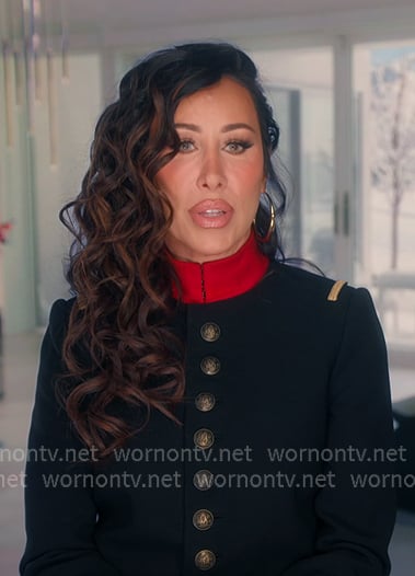 Angie’s black military confessional jacket on The Real Housewives of Salt Lake City Angie’s black military confessional jacket on The Real Housewives of Salt Lake City