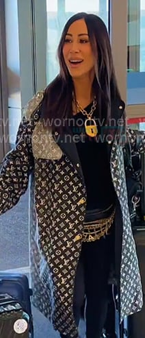 Angie’s black monogram trench coat on The Real Housewives of Salt Lake City Angie’s black monogram trench coat on The Real Housewives of Salt Lake City