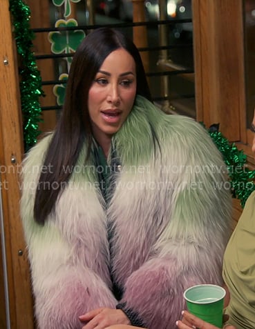 Angie’s green and pink fur jacket on The Real Housewives of Salt Lake City Angie’s green and pink fur jacket on The Real Housewives of Salt Lake City