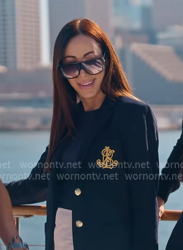 Angie's navy embroidered blazer on The Real Housewives of Salt Lake City