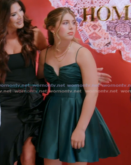 Annabelle's teal satin mini dress on The Real Housewives of Orange County