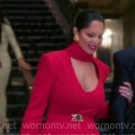 Ashley’s red high neck cutout belted dress on The Real Housewives of Salt Lake City Ashley’s red high neck cutout belted dress on The Real Housewives of Salt Lake City