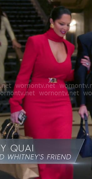 Ashley’s red high neck cutout belted dress on The Real Housewives of Salt Lake City Ashley’s red high neck cutout belted dress on The Real Housewives of Salt Lake City