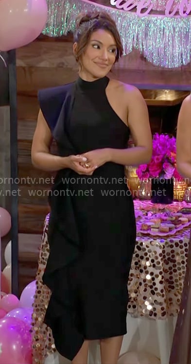 Audra's black asymmetric ruffle dress on The Young and the Restless