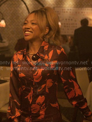 Autumn’s brown floral shirtdress on Reasonable Doubt