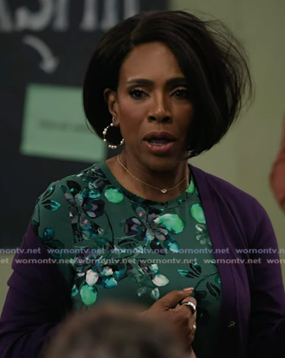 Barbara's green floral embellished top on Abbott Elementary