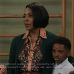 Barbara's green floral embroidered blouse on Abbott Elementary