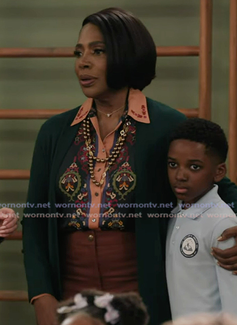 Barbara's green floral embroidered blouse on Abbott Elementary