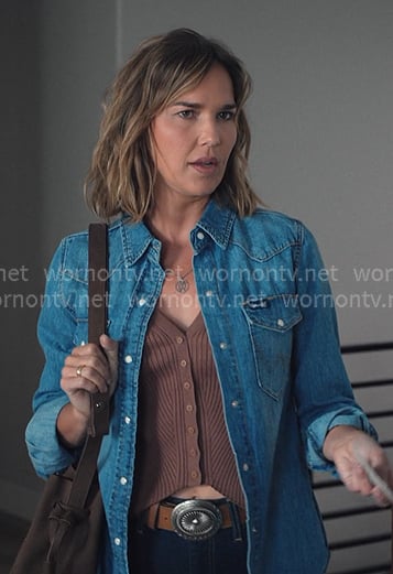 Belle’s brown ribbed vest and western denim shirt on Marshals