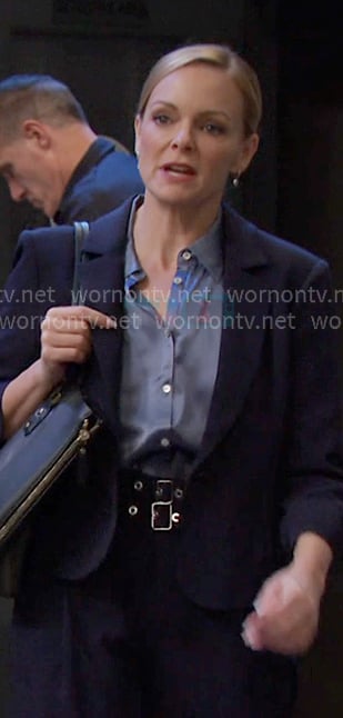 Belle's navy blazer and double belt pants on Days of our Lives Belle's navy blazer and double belt pants on Days of our Lives