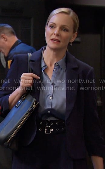 Belle's navy blazer and double belt pants on Days of our Lives Belle's navy blazer and double belt pants on Days of our Lives