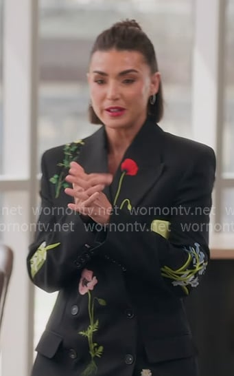 Bronwyn’s black floral embroidered blazer on The Real Housewives of Salt Lake City Bronwyn’s black floral embroidered blazer on The Real Housewives of Salt Lake City