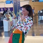Bronwyn's flag print top and multicolor stripe pants on The Real Housewives of Salt Lake City Bronwyn's flag print top and multicolor stripe pants on The Real Housewives of Salt Lake City