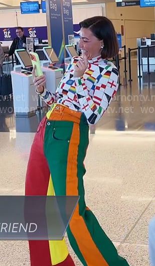 Bronwyn’s flag print top and multicolor stripe pants on The Real Housewives of Salt Lake City